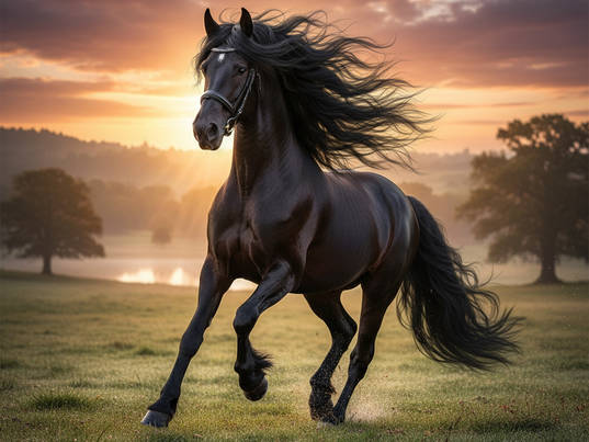 Majestic black horse running at sunset – Photorealistic wildlife scene