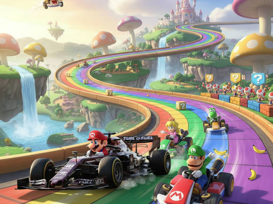 Racing car on colourful track – Creative mix of motorsport and fantasy